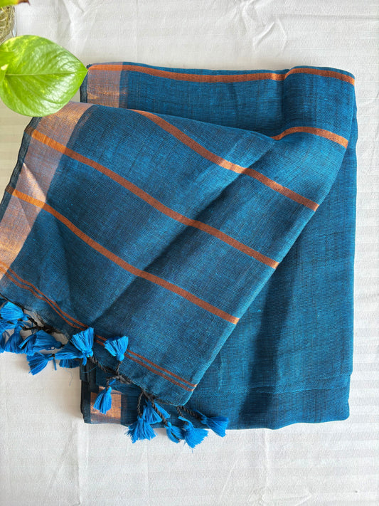 Blue Linen By Linen Saree With Blouse