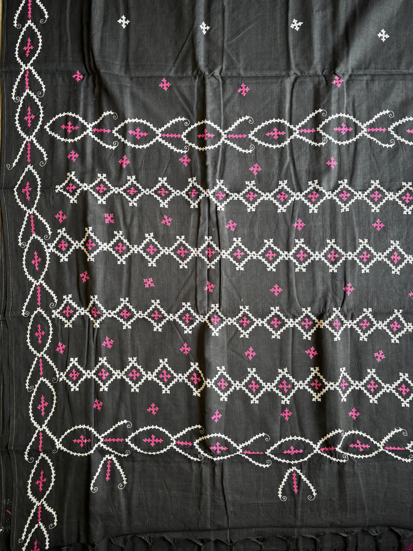 Kutchi work Hand Embroidered Pure Cotton Saree – Black
