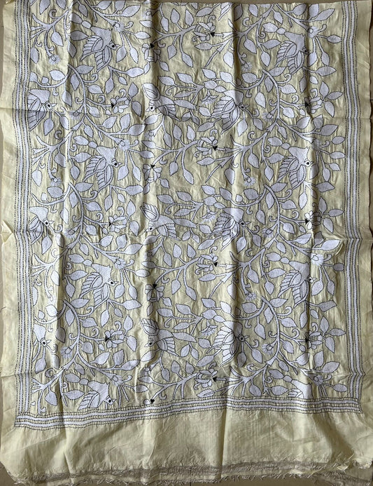 Kantha Stitch Silk Dupatta - Cream