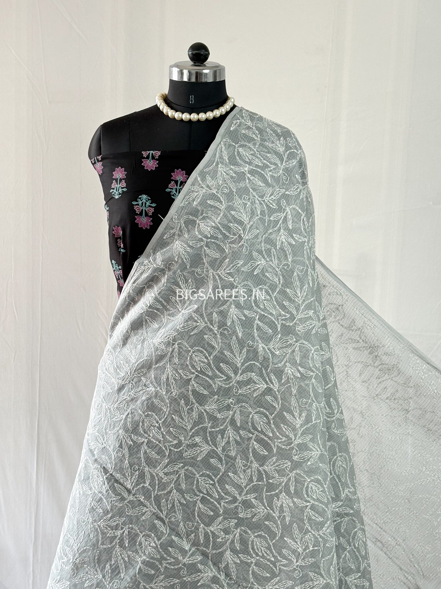 Chikankari Hand-Embroidered Saree | Kota Cotton | Grey