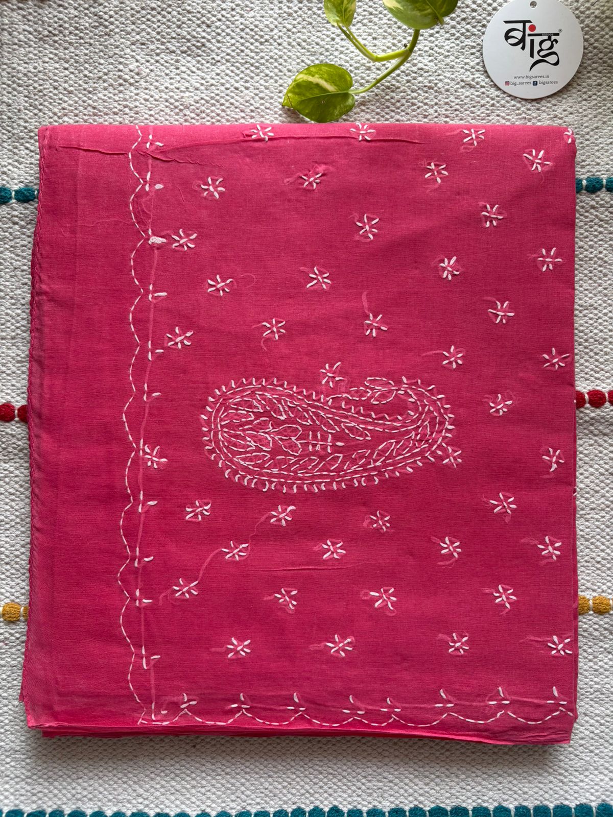 Chikankari Hand-Embroidered Saree | Cotton | Dark Pink