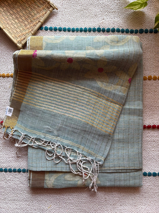 Handloom woven pure Linen By Linen Lata Saree – Grey (Handloom Marked)