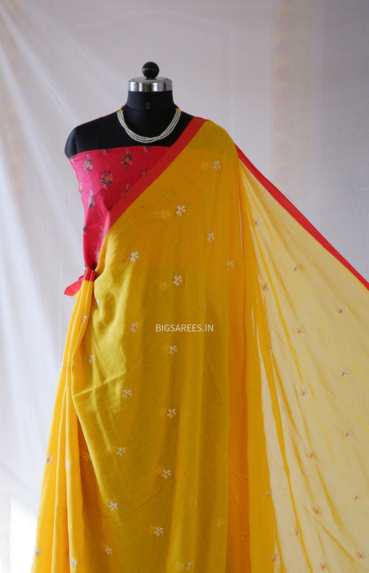 Night Jasmine Motif Saree With Blouse | Mul Cotton | Marigold Yellow