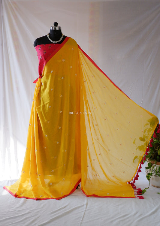 Night Jasmine Motif Saree With Blouse | Mul Cotton | Marigold Yellow