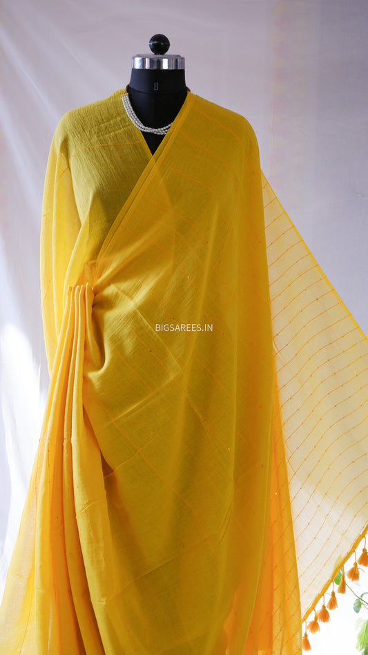 Jonaki Mul Cotton Saree With Ikat Blouse | Ultra Lightweight | Marigold Yellow