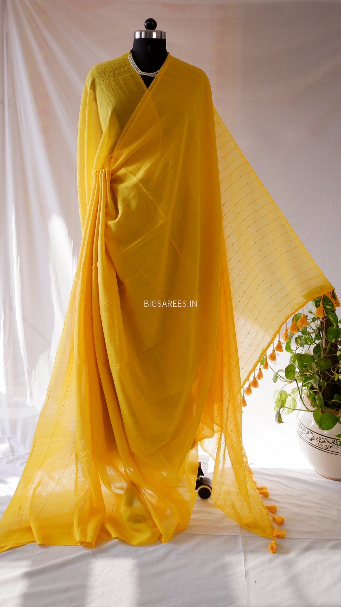 Jonaki Mul Cotton Saree With Ikat Blouse | Ultra Lightweight | Marigold Yellow