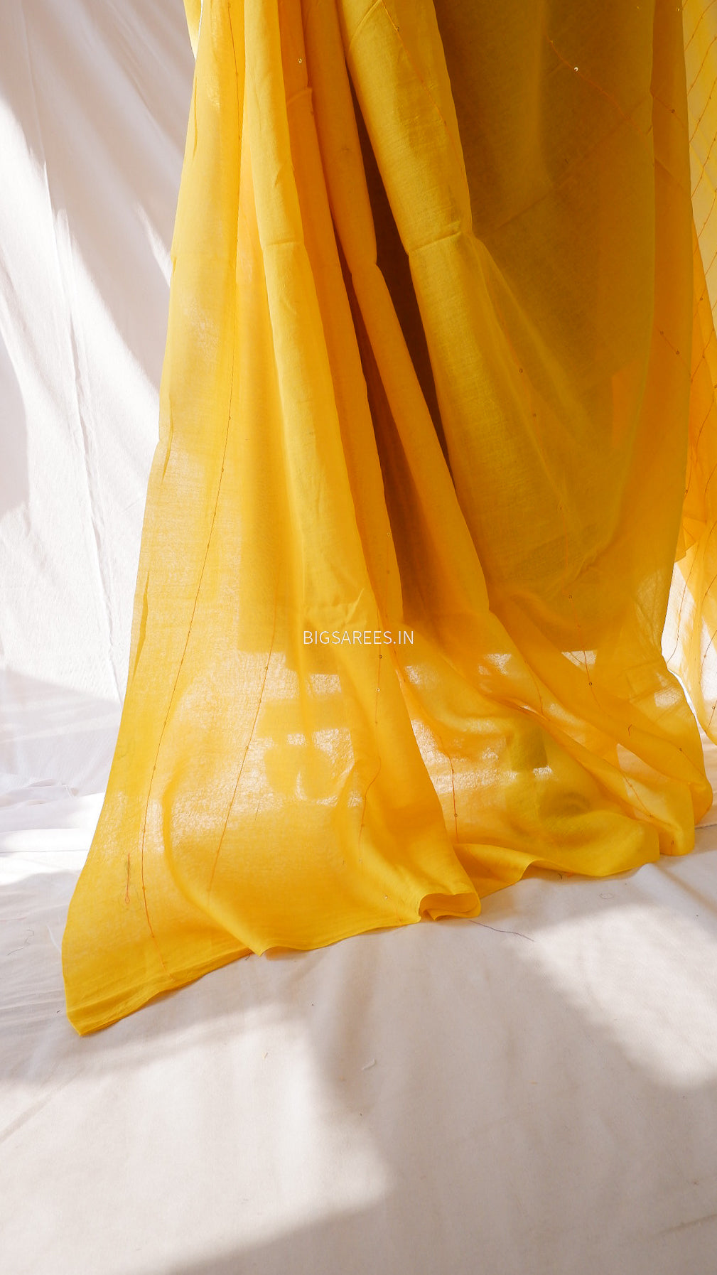Jonaki Mul Cotton Saree With Ikat Blouse | Ultra Lightweight | Marigold Yellow