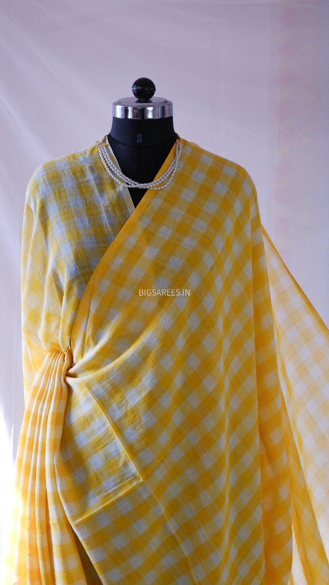 Checkered Mul Cotton Saree With Ikat Blouse | Ultra Lightweight | Yellow