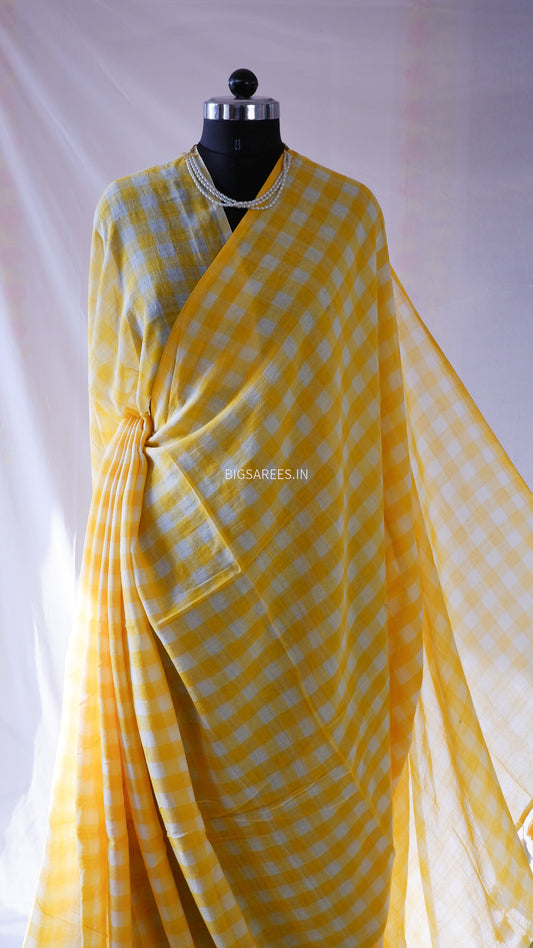 Checkered Mul Cotton Saree With Ikat Blouse | Ultra Lightweight | Sunshine Yellow