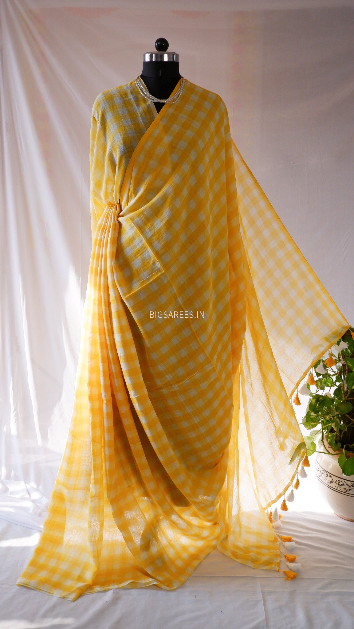 Checkered Mul Cotton Saree With Ikat Blouse | Ultra Lightweight | Sunshine Yellow