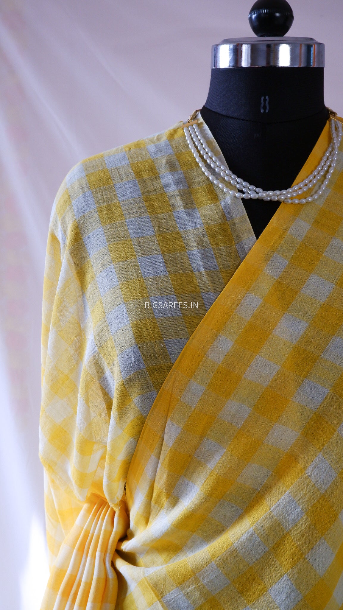 Checkered Mul Cotton Saree With Ikat Blouse | Ultra Lightweight | Sunshine Yellow