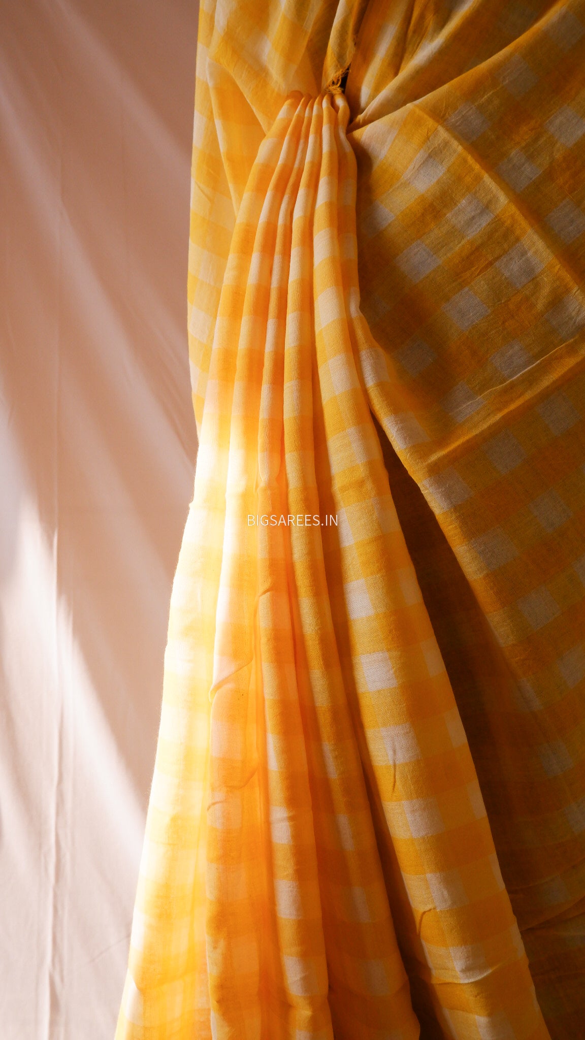 Checkered Mul Cotton Saree With Ikat Blouse | Ultra Lightweight | Yellow