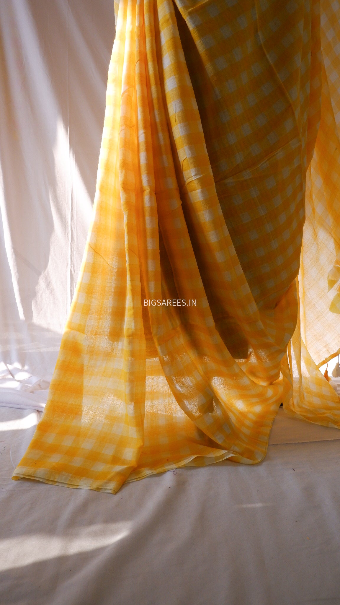 Checkered Mul Cotton Saree With Ikat Blouse | Ultra Lightweight | Sunshine Yellow
