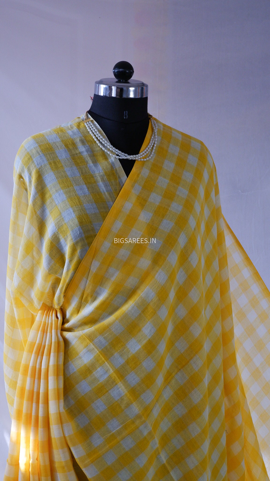 Checkered Mul Cotton Saree With Ikat Blouse | Ultra Lightweight | Yellow
