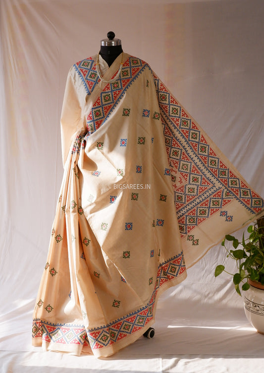 Kutchi Hand Embroidered Saree | Pure Gachi by Gachi Tassar Silk | Silk Marked | Off-White