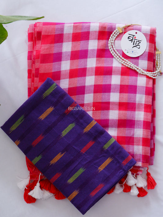 Checkered Mul Cotton Saree With Ikat Blouse | Ultra Lightweight