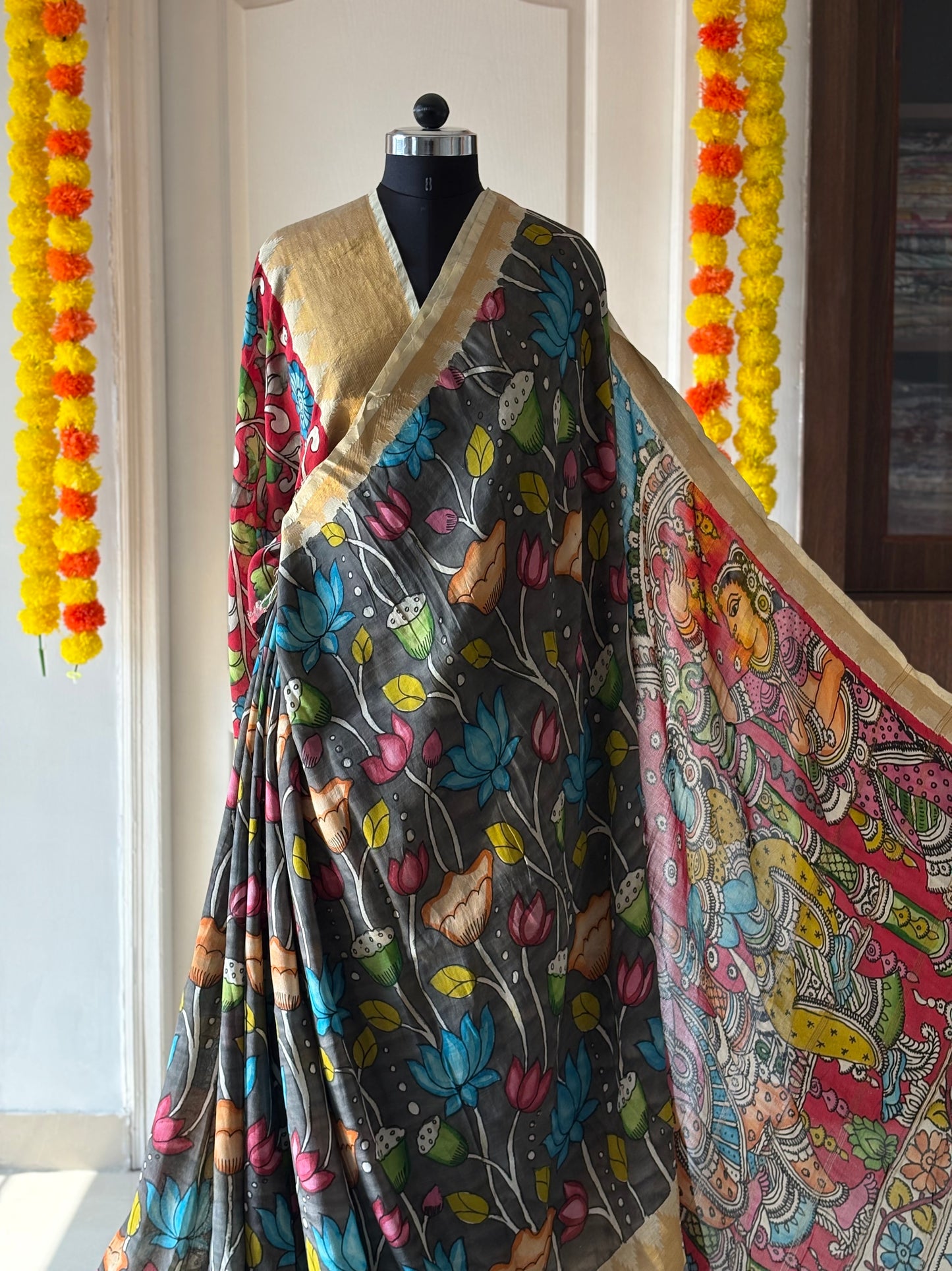 Pen Kalamkari hand painted Banglore Silk Saree with blouse