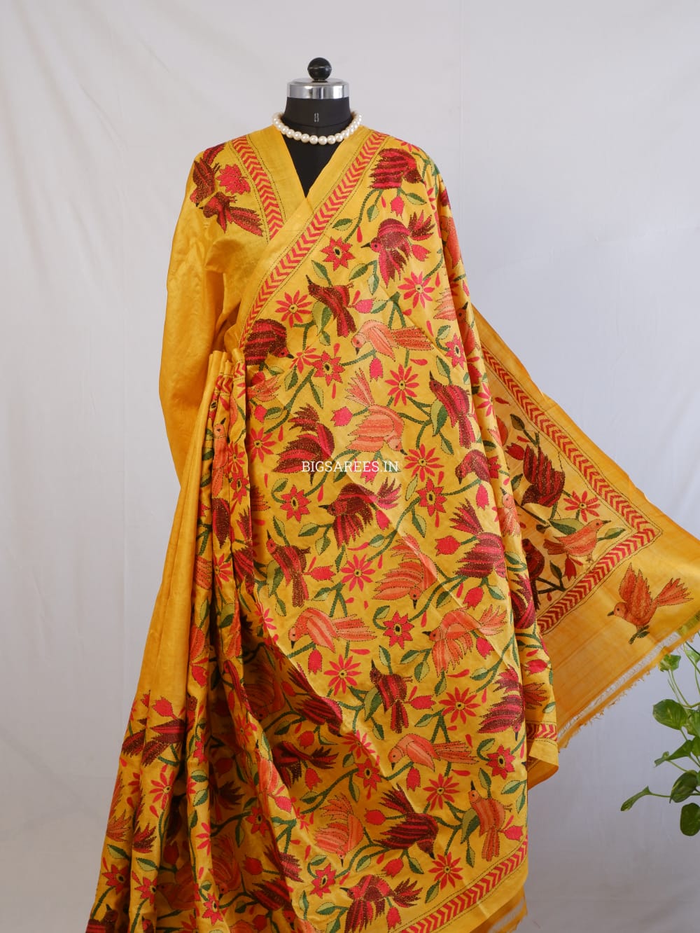 Kantha Stitch Hand Embroidered Saree | Pure Tussar Silk | Silk Mark Certified | Orange