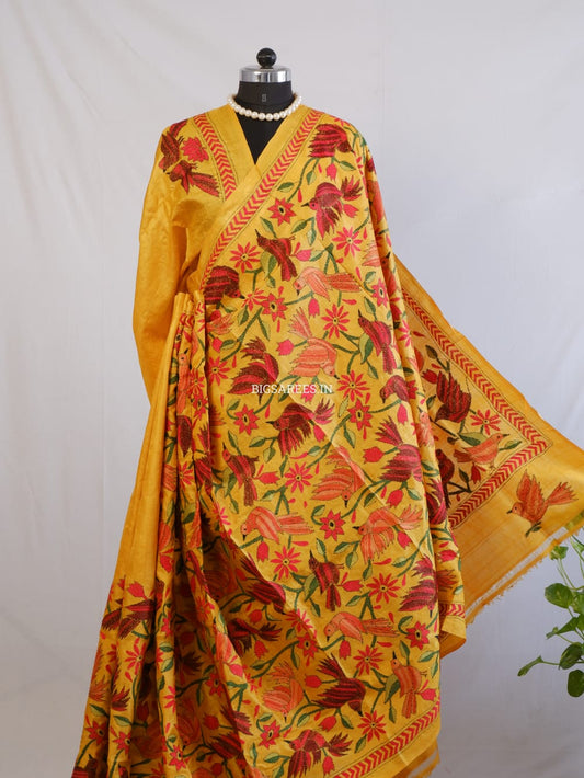 Kantha Stitch Hand Embroidered Saree | Pure Tussar Silk | Silk Mark Certified | Orange