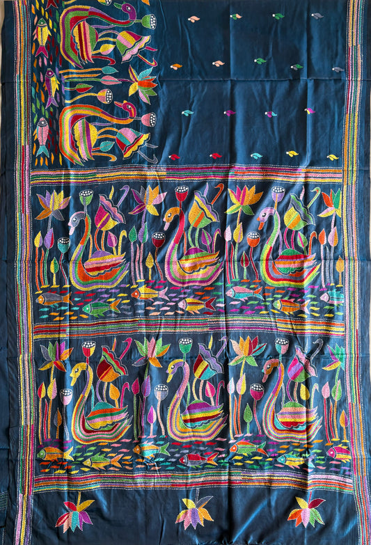 Kantha Stitch Saree on Hand Art Silk