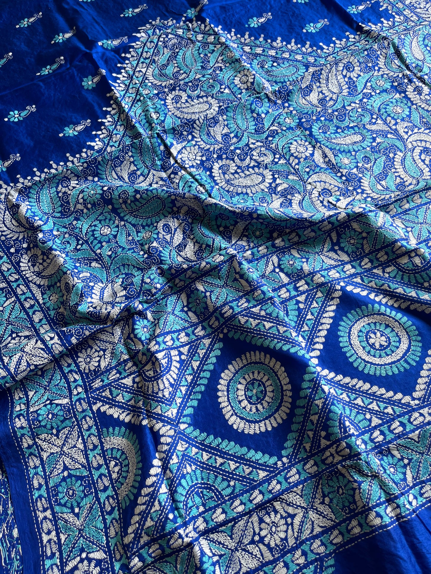 Royal Blue Kantha Hand Embroidered Pure Banglore Silk Saree