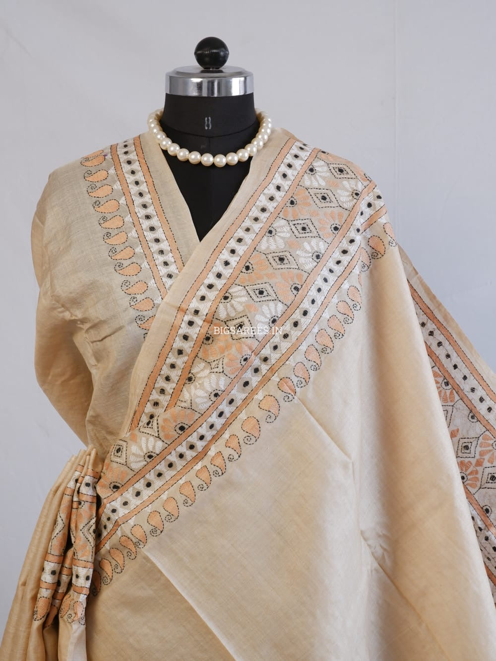 Kantha Stitch Hand Embroidered Saree | Pure Gachi Tussar Silk | Silk Mark Certified | Beige
