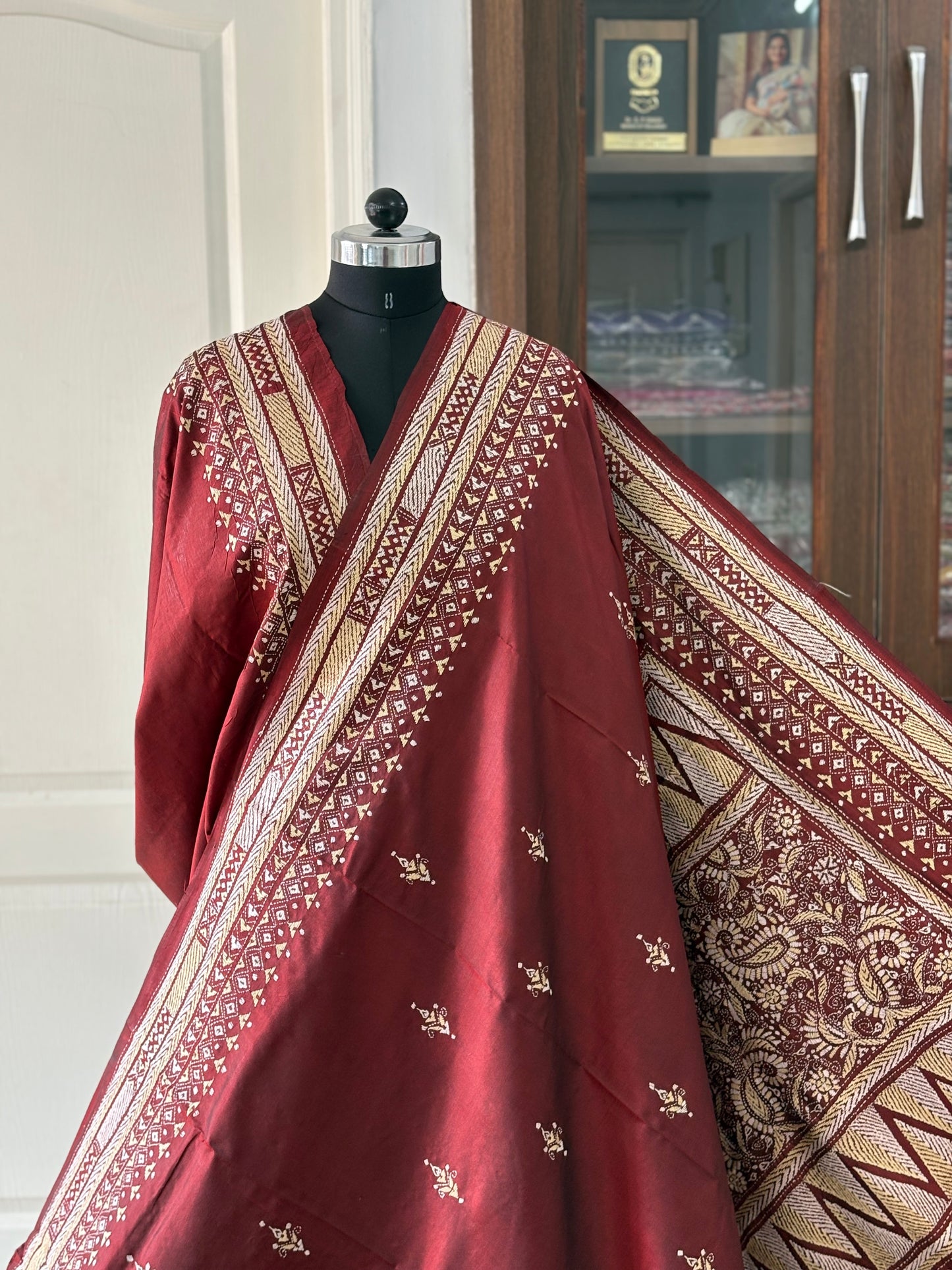 Kantha Stitch Hand Embroidered Pure Banglore Silk Saree (Silk Marked)