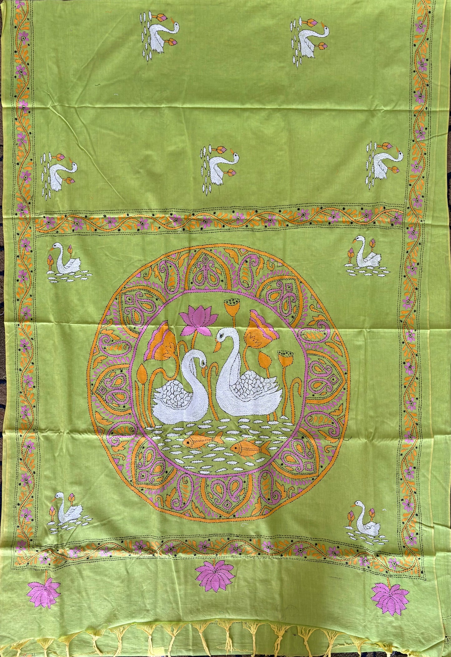 Kantha stitch Khadi Cotton Saree - Green