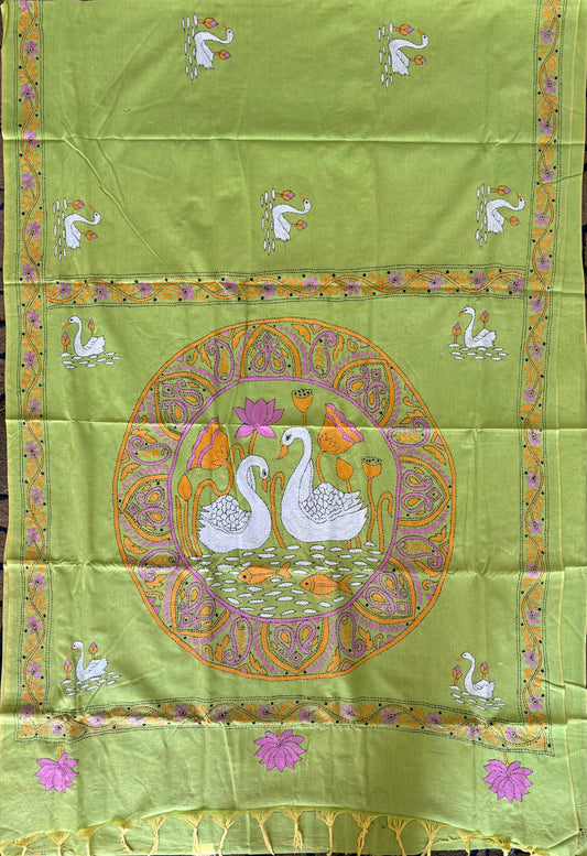 Kantha stitch Khadi Cotton Saree - Green