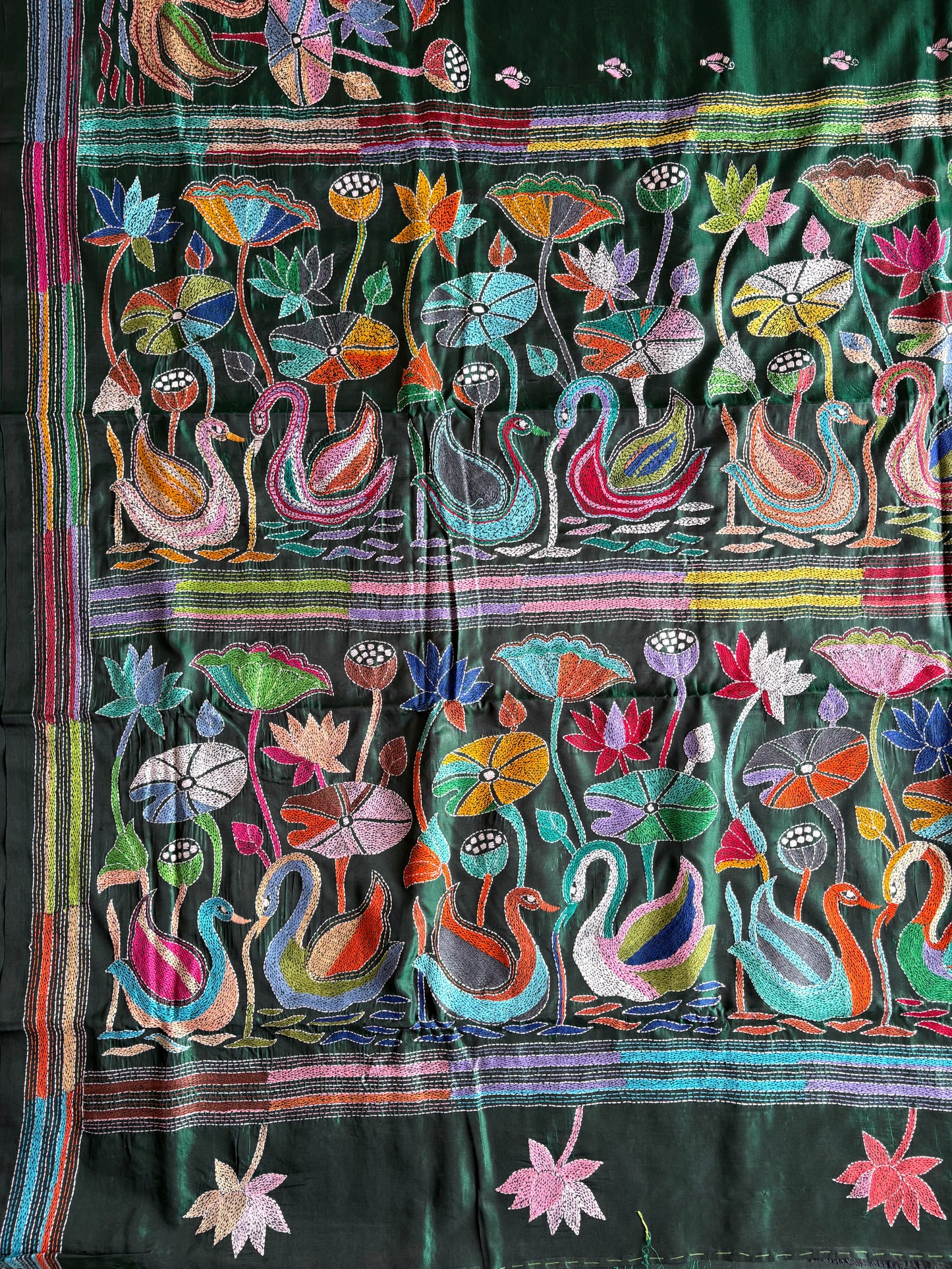 Bottle Green Kantha Stitch Hand Work Embroidered Art Silk Saree With Blouse