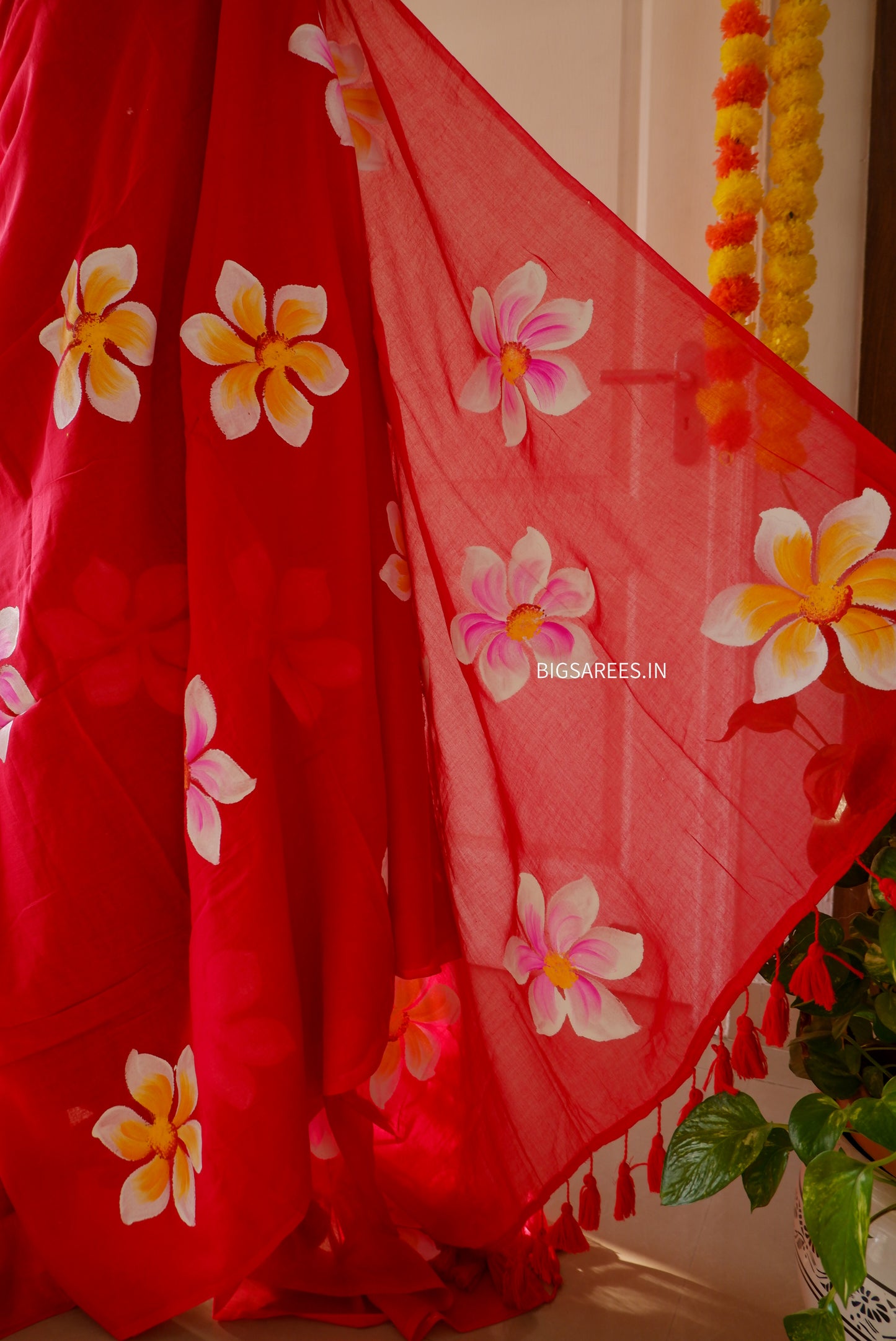 Hand Painted Mul Cotton Saree with Blouse | Red