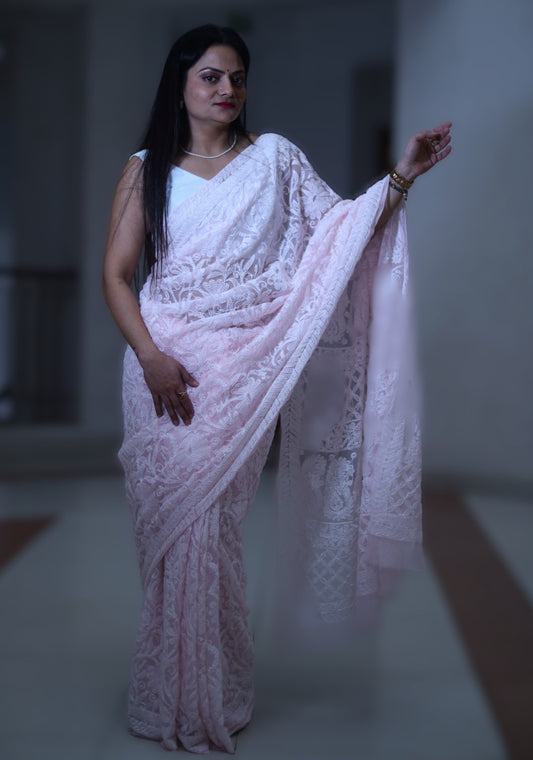 Baby Pink Georgette Chikankari Work Hand Embroidered Saree