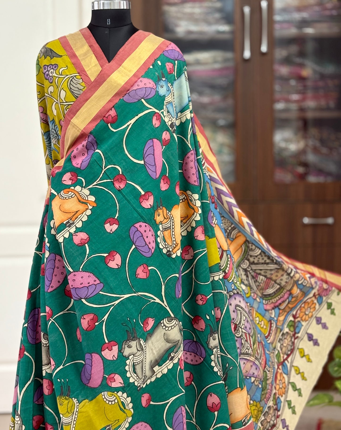 Pen Kalamkari hand painted pure cotton Saree with blouse