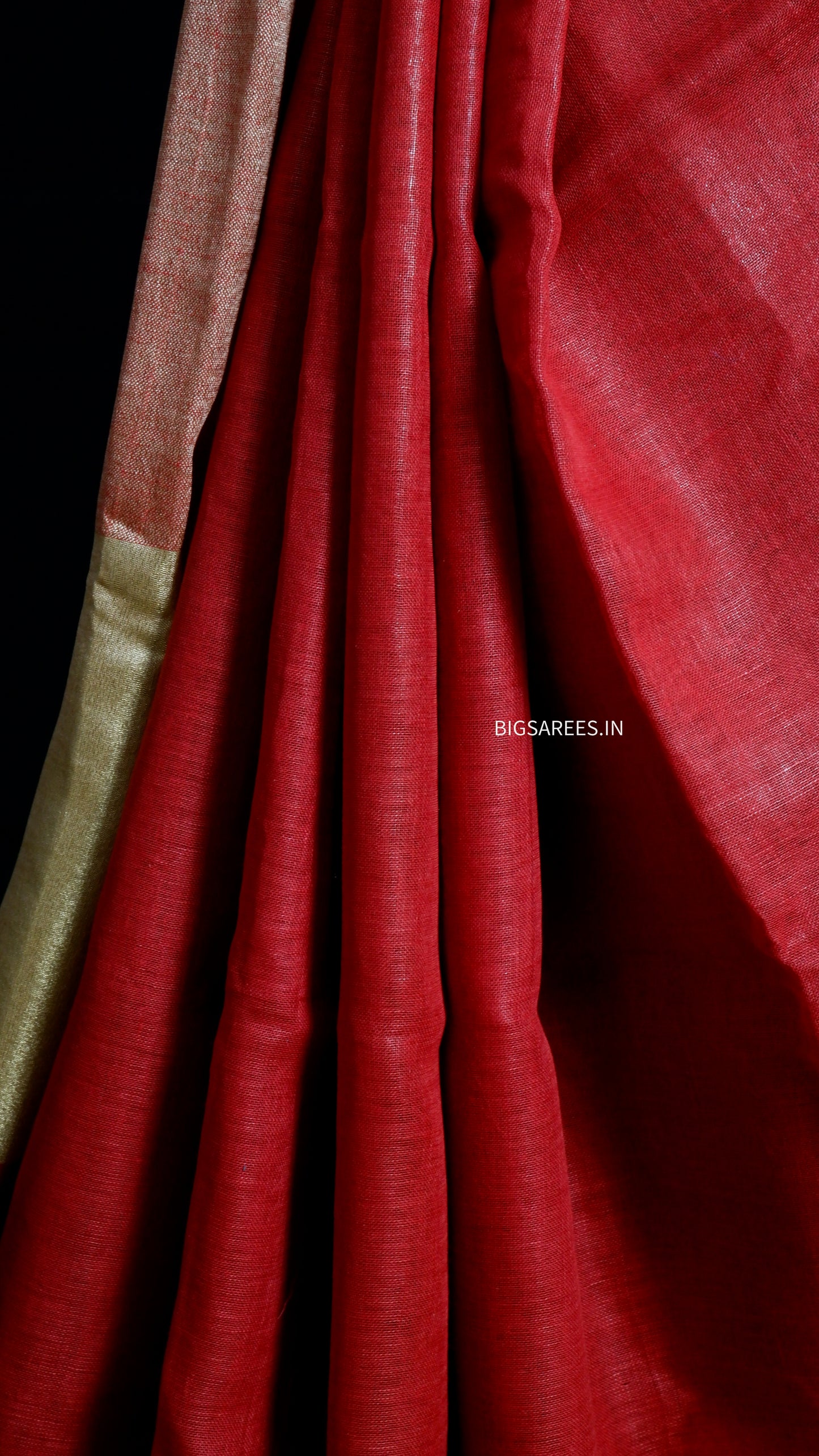 Red golden pure Linen By Linen Saree With running Blouse