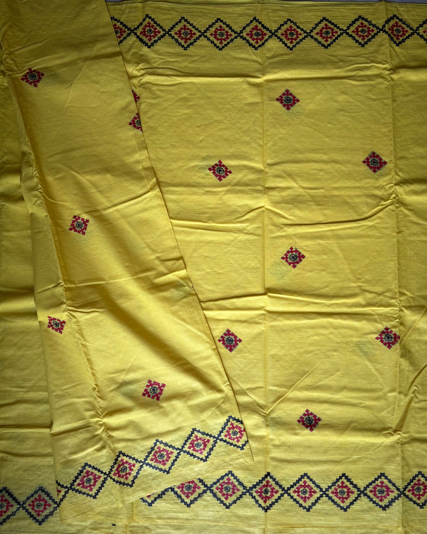 Kutchi work Hand Embroidered Pure Cotton Saree – Yellow