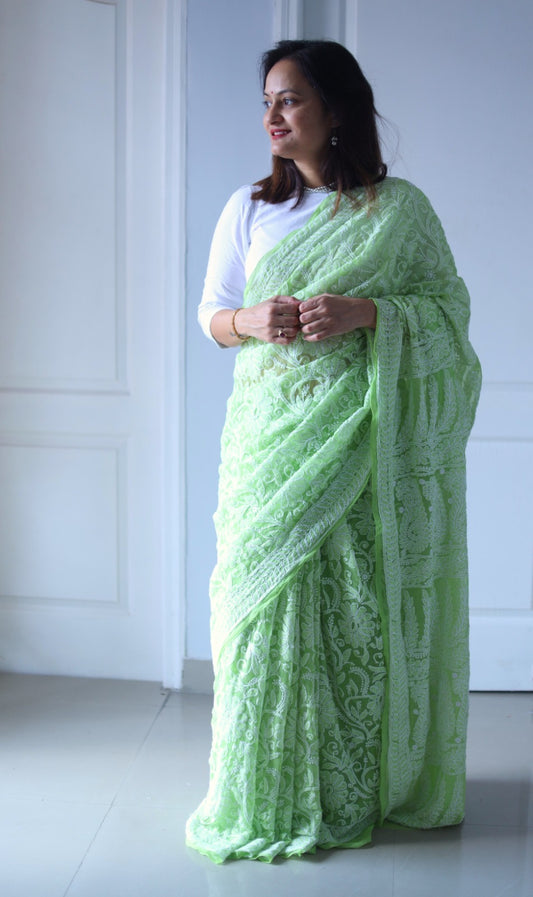 Light Green Georgette Chikankari Work Hand Embroidered Saree