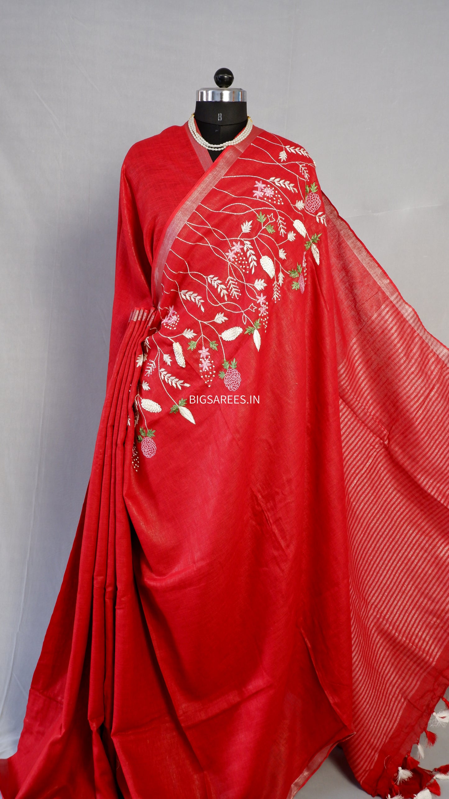 Pure Linen Saree With running Blouse - Dark Red