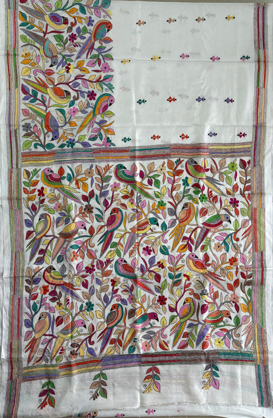 Off white Kantha Stitch Hand Work Art Silk Saree With Blouse
