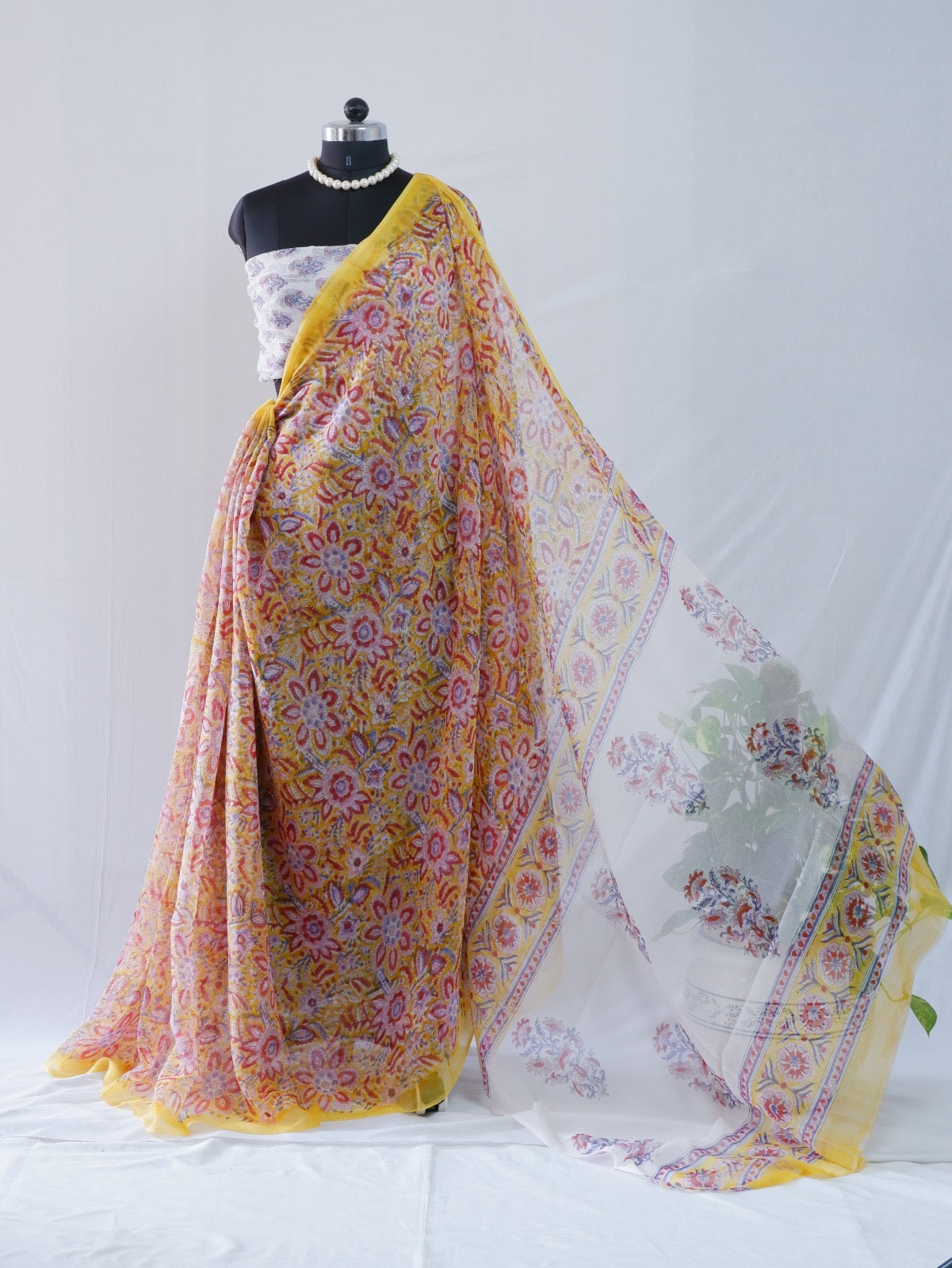 Hand Block Print Saree | Pure Chiffon | Yellow