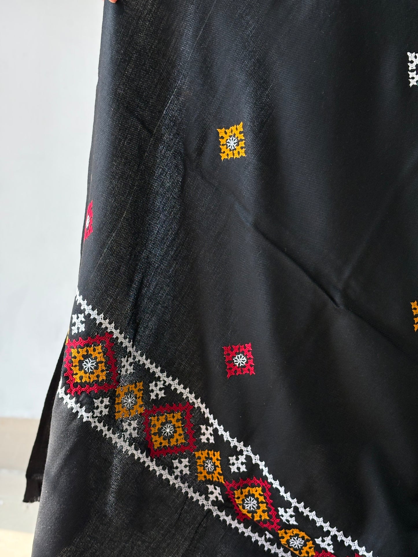 Gujrati Stitch Hand Embroidered Woollen Warm Shawl (Black)