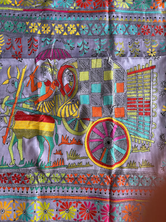 Hand work Kantha stitch Saree in Artificial silk