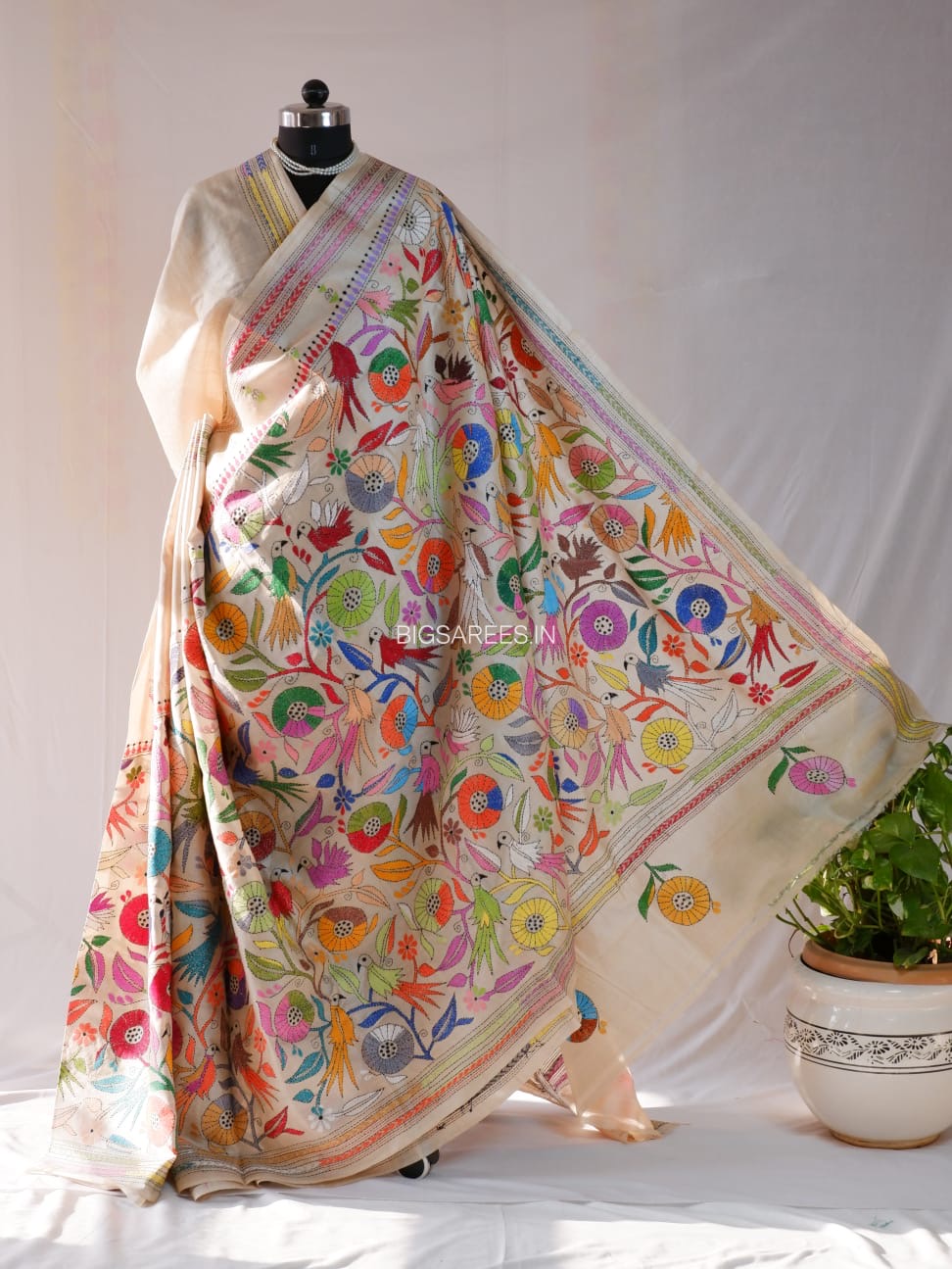 Kantha Stitch Hand Embroidered Saree | Pure Tussar Silk | Silk Mark Certified