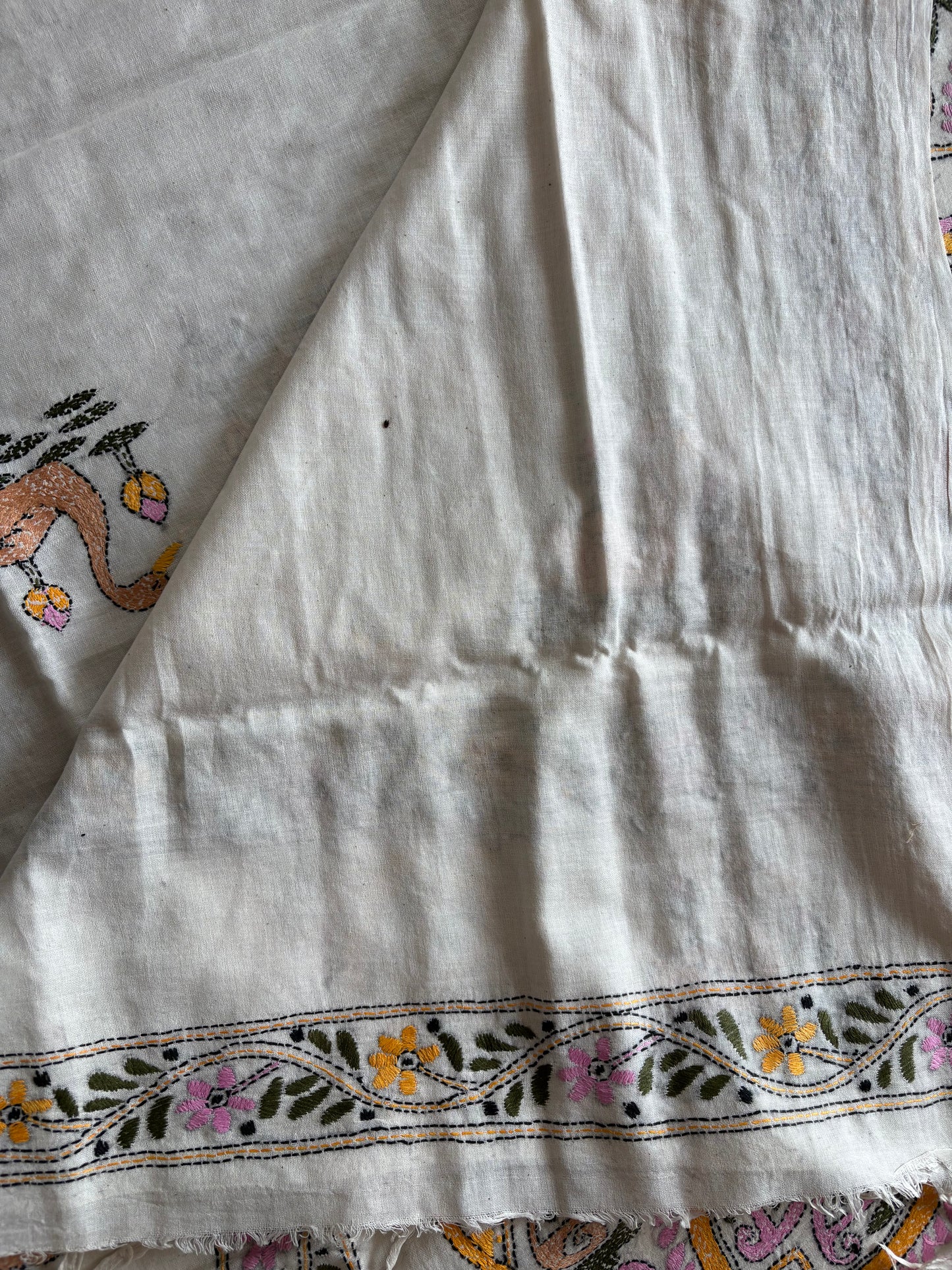 Kantha stitch Khadi Cotton Saree - Off white