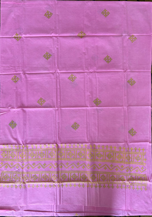 Gujrati Stitch/Kutchi Hand Embroidered malmal Cotton Saree - Pink
