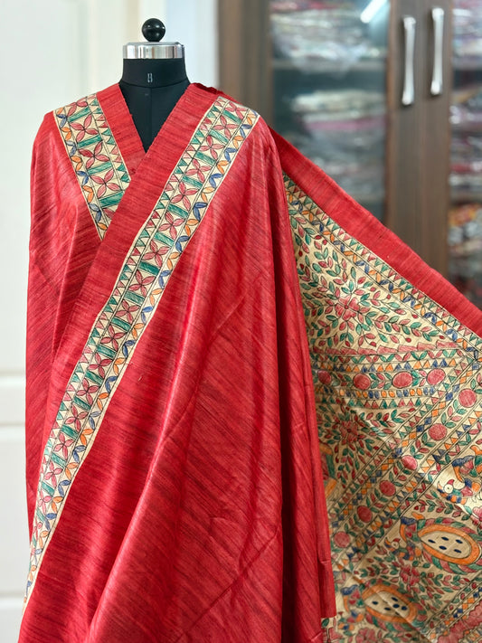 Pure Tussar Ghicha Silk Handcrafted Madhubani Saree (Silk Marked)