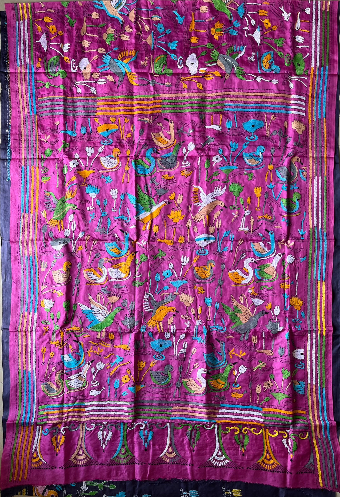 Pink/purple Kantha Stitch Hand Embroidered Pure Banglore Silk Saree (Silk Marked)