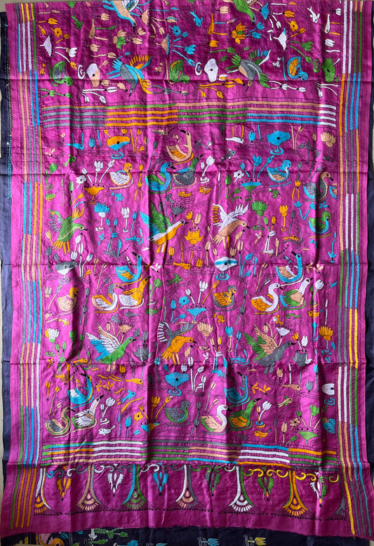 Pink/purple Kantha Stitch Hand Embroidered Pure Banglore Silk Saree (Silk Marked)