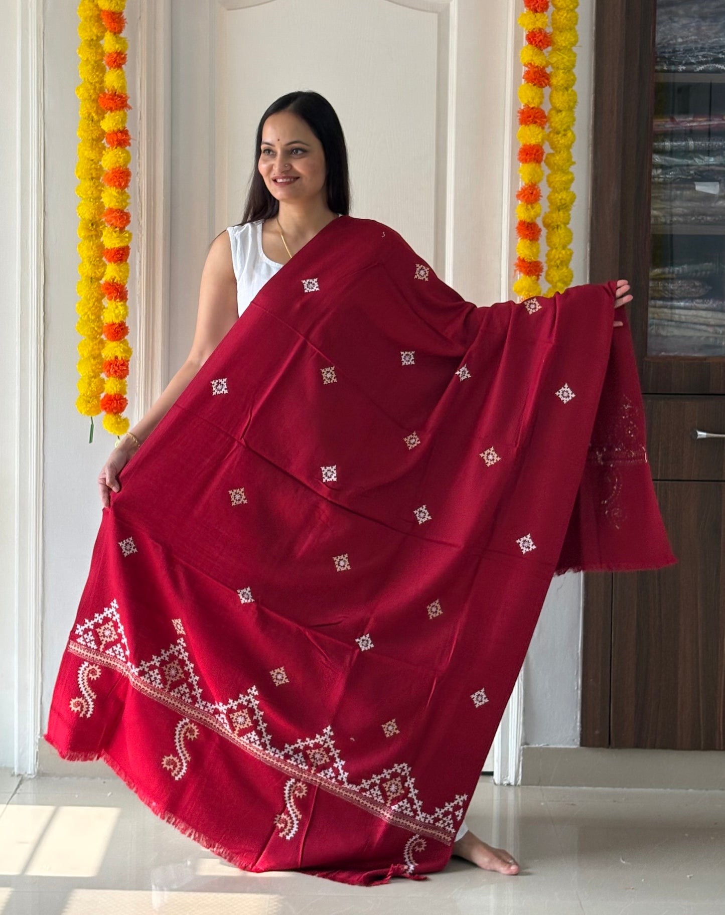 Gujrati Stitch Hand Embroidered Woollen Warm Shawl