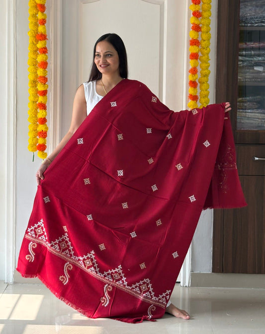 Gujrati Stitch Hand Embroidered Woollen Warm Shawl