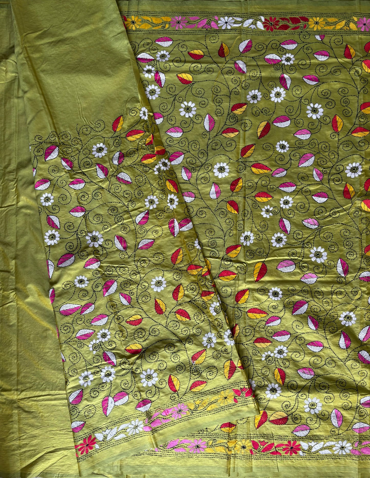 Black Kantha Hand Embroidered Blended Banglore Silk/Art Silk Saree With Blouse